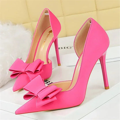 2024 Women 10.5cm High Heels Sweet Korean Side Hollow Pumps Lady Party Purple Green Kawaii Bowknot Heels Prom Silk Satin Shoes
