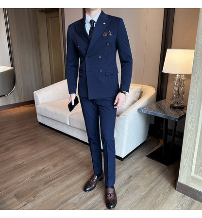 (Jackets+Pants) Luxury Double Breasted Design Slim Fit Suit High Quality Fashion Men's Wedding Social Suit Tuxedo 2 Piece Set