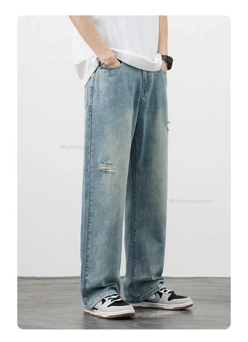 Korea Baggy Cargo Jeans Men Vintage Straight Ripped Y2k Pants Fashion Frayed High Street Distressed Denim Trousers Male Clothes