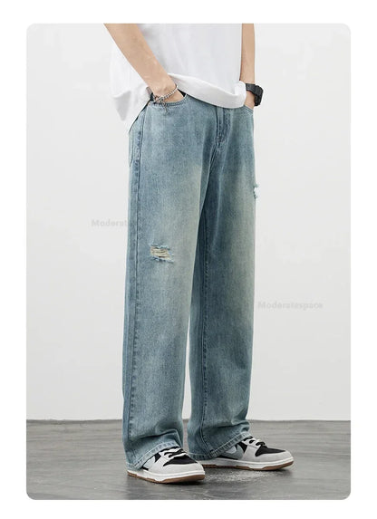 Korea Baggy Cargo Jeans Men Vintage Straight Ripped Y2k Pants Fashion Frayed High Street Distressed Denim Trousers Male Clothes