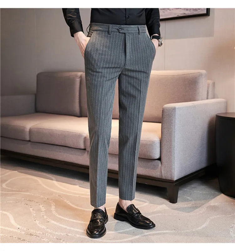 Men's Slim Fit Pinstripe Dress Pants, Stretch Comfort and Thickened Fabric for Business Casual Office Wear