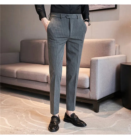 Men's Slim Fit Pinstripe Dress Pants, Stretch Comfort and Thickened Fabric for Business Casual Office Wear