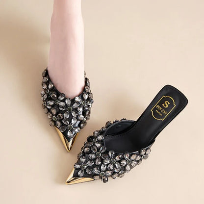 Luxury Rhinestones Pointed Toe Mules Pumps Women Slippers Summer New Fashion Slides Designer High Heeled Sandals Female Tacones