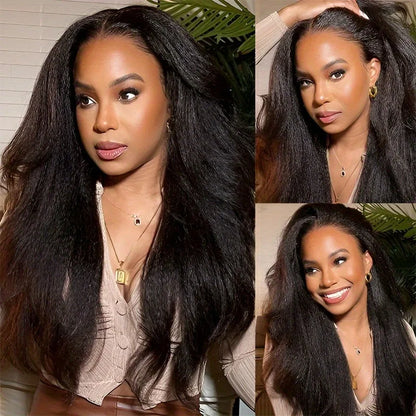 250% Density Human Hair Wig Kinky Straight Yaki Texture Pre Plucked 13x4 and 5x5 Glueless HD Lace Front Designed for Black Women