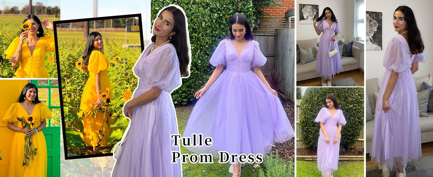 Puffy Sleeve Prom Dresses for Women Dotted Tulle V Neck Formal Evening Party Gowns Tea Length Formal Dress Women Elegant
