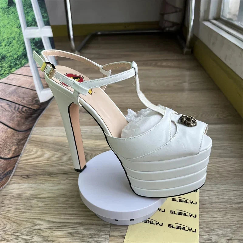 2026 Women's Round Head Sandals Thin Heels 5cm Thick Bottom Slope Heel Fish Mouth Rivet Sandal T-Platform Sandals Size34-43