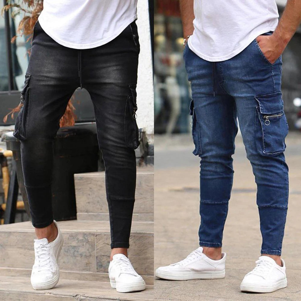 Calça Jeans Masculina Skinny Rasgada Estilo Streetwear Com Bolsos Laterais Calça Cargo Jeans Slim Fit Calça Macia Elástica Jogger