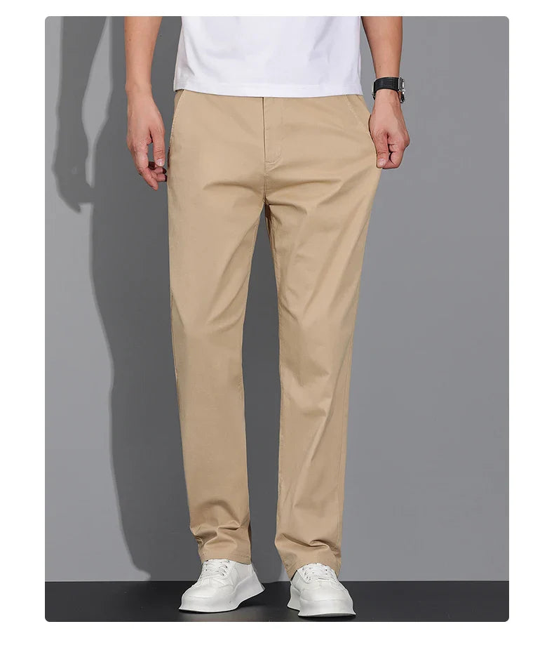 New Men's Business Cotton Thin Straight Pants Casual Elastic Slim Comfortable Male Brand Trousers Black Gray Khaki Royal Blue