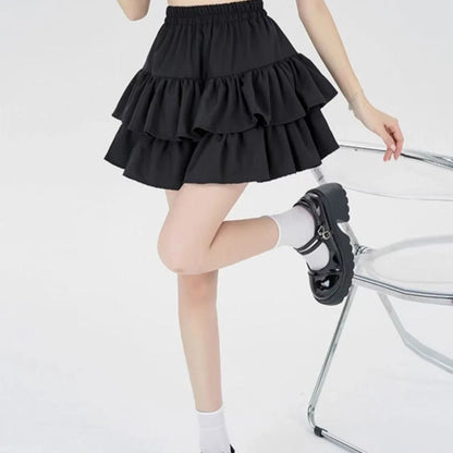 High Waist Layered Splice Short Skirt Pure Color Iron Free Polyester Blend Summer Cake Design Sweet Half Body Skirt