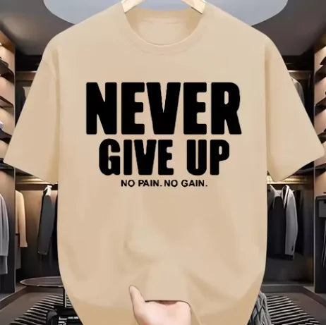Men's Pure Cotton Fashionable Casual Loose  Sports Never Give Up Letter  Pattern Printed Round  Neck Short Sleeved  T-shirt Top.