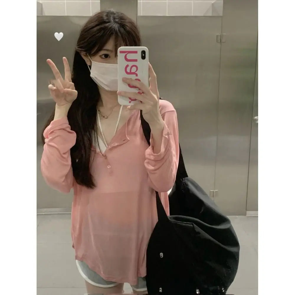 Korean Fashion Y2k Tank Top Long Sleeve V Collar Crop Top Button Sun Protection Frock Lady