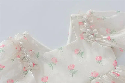 1-8 Years Old Summer Full Print Rose Flower Lace Girls Dress Big Bow Pearl decoration Princess Party Dress For Kids