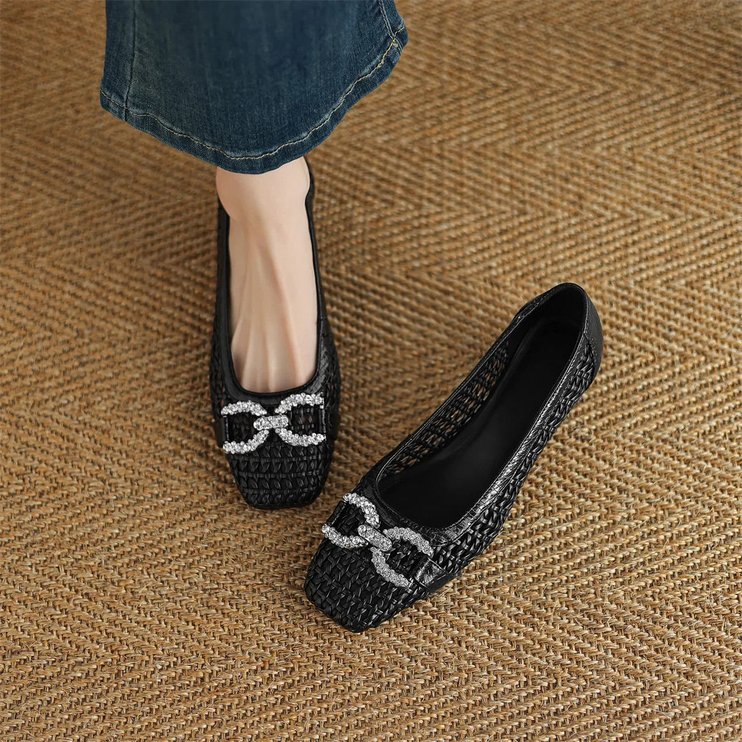 Women's genuine leather braided microfiber patchwork summer breathable pumps crystal buckle 4cm thick med heel daily dress shoes