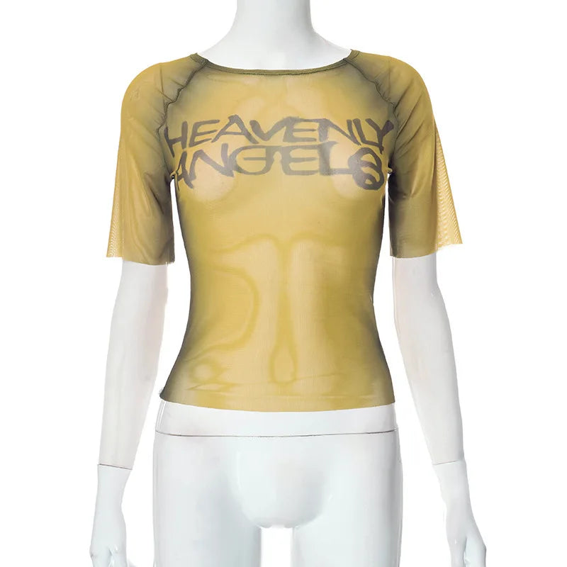 Y2K Letter Print Top See Through Graphic T Shirts For Women Clothing Short Sleeve Aesthetic Ropa De Mujer Skinny Sexy Streetwear