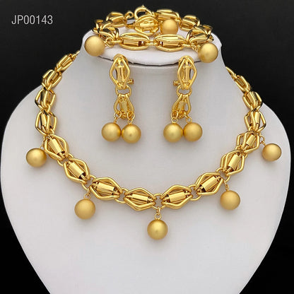 Dubai Nigeria Jewelry Set For Women Classic Design Beads Necklace Earrings Ring Bracelet 18K Gold Plated 4Pcs Set Jewelry