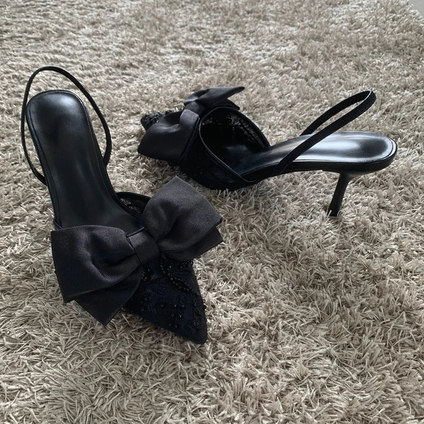 New Designer Thin High Heels Women Bow String Bead Pointed Slingback Mules Pumps Mesh Embroider Elegant Dress Sandals Female