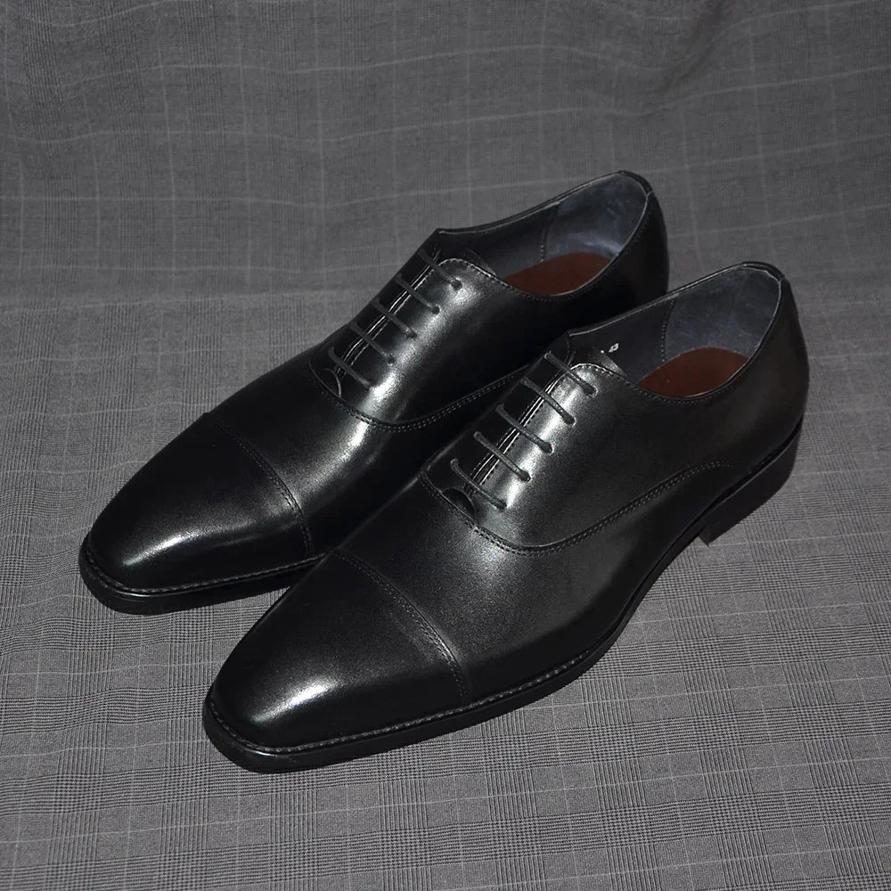 Classic Cowhide Genuine Leather Mens Dress Shoes Black Brown Cap Toe Lace-Up Oxford Company Business Office Formal Shoes for Men