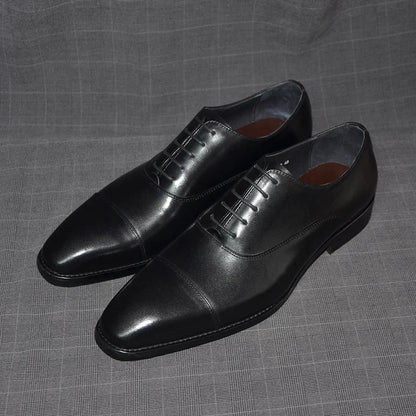 Classic Cowhide Genuine Leather Mens Dress Shoes Black Brown Cap Toe Lace-Up Oxford Company Business Office Formal Shoes for Men
