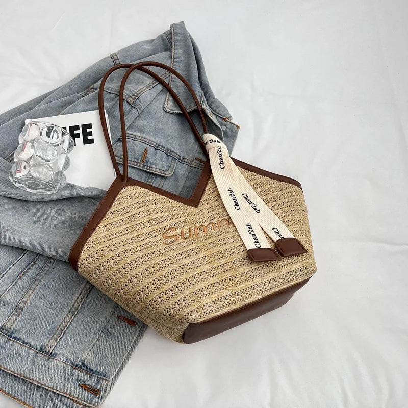 Straw Leisure Capacity Beach Shoulder Bag Retro Handmade Woven Shoulder Bag Summer Leisure Bag Commuting Women's Handbag