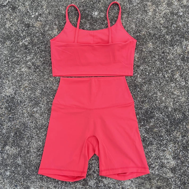 Yoga Clothes Set 2 Piece Gym Sports Shorts Set Women Sexy Back Bra Top High Waist Shorts Fitness Suit Running Workout Tracksuit