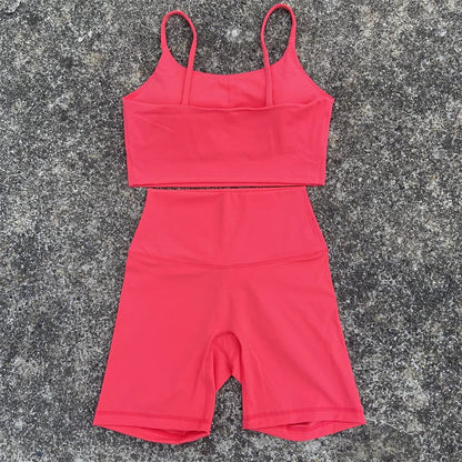 Yoga Clothes Set 2 Piece Gym Sports Shorts Set Women Sexy Back Bra Top High Waist Shorts Fitness Suit Running Workout Tracksuit