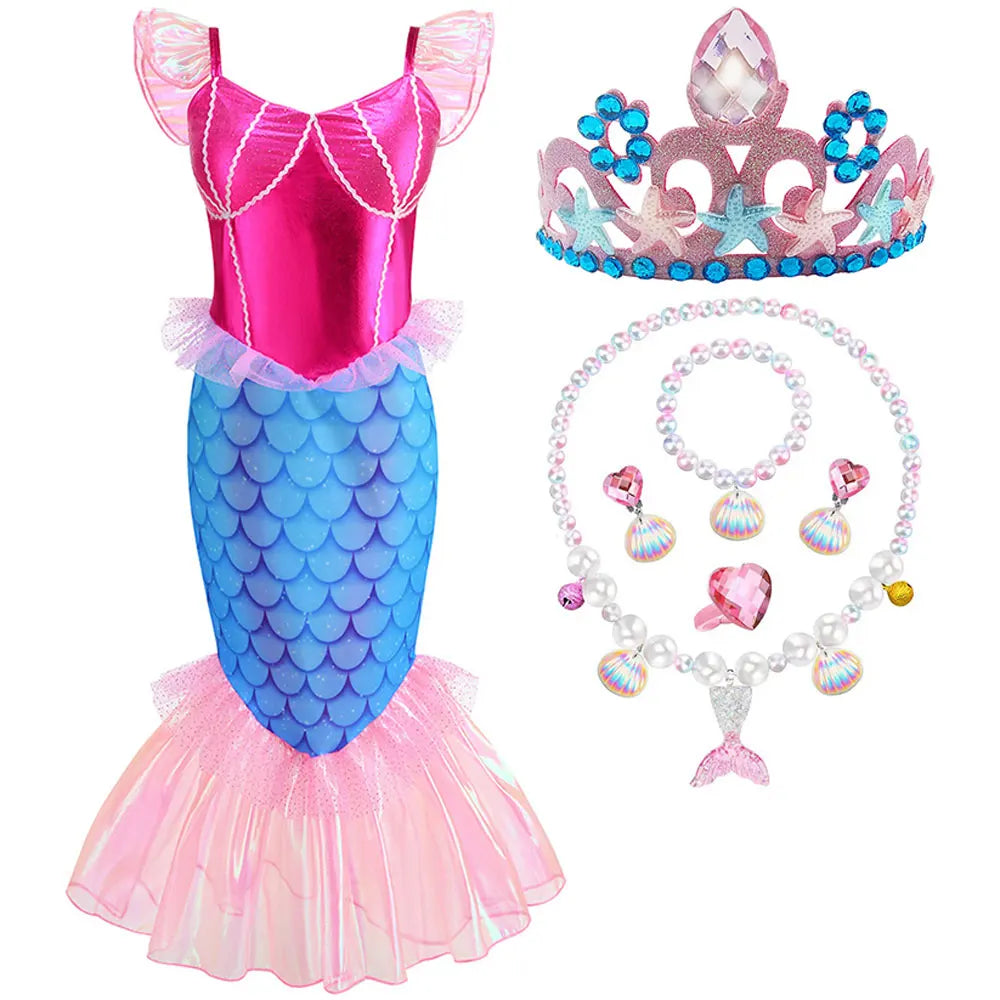 Blue Red Purple Three Colors Mermaid Flying Sleeve Fishtail Beautiful Dress For Girl Summer Beach Party Cool Swimsuit Set