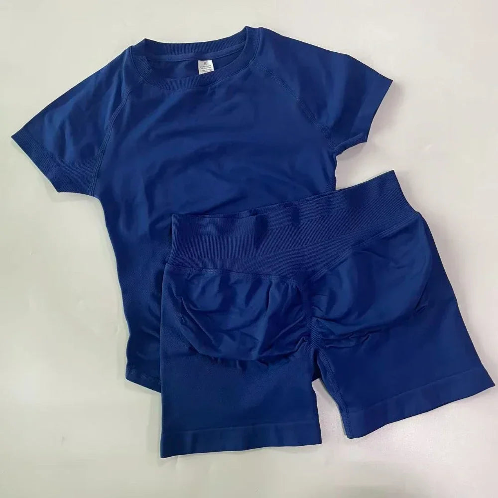 2 Piece Yoga Set Women Outfit Longline Short Sleeve Gym Crop Top High Waist Workout Shorts Sports Suit Fitness Clothes Gym Set