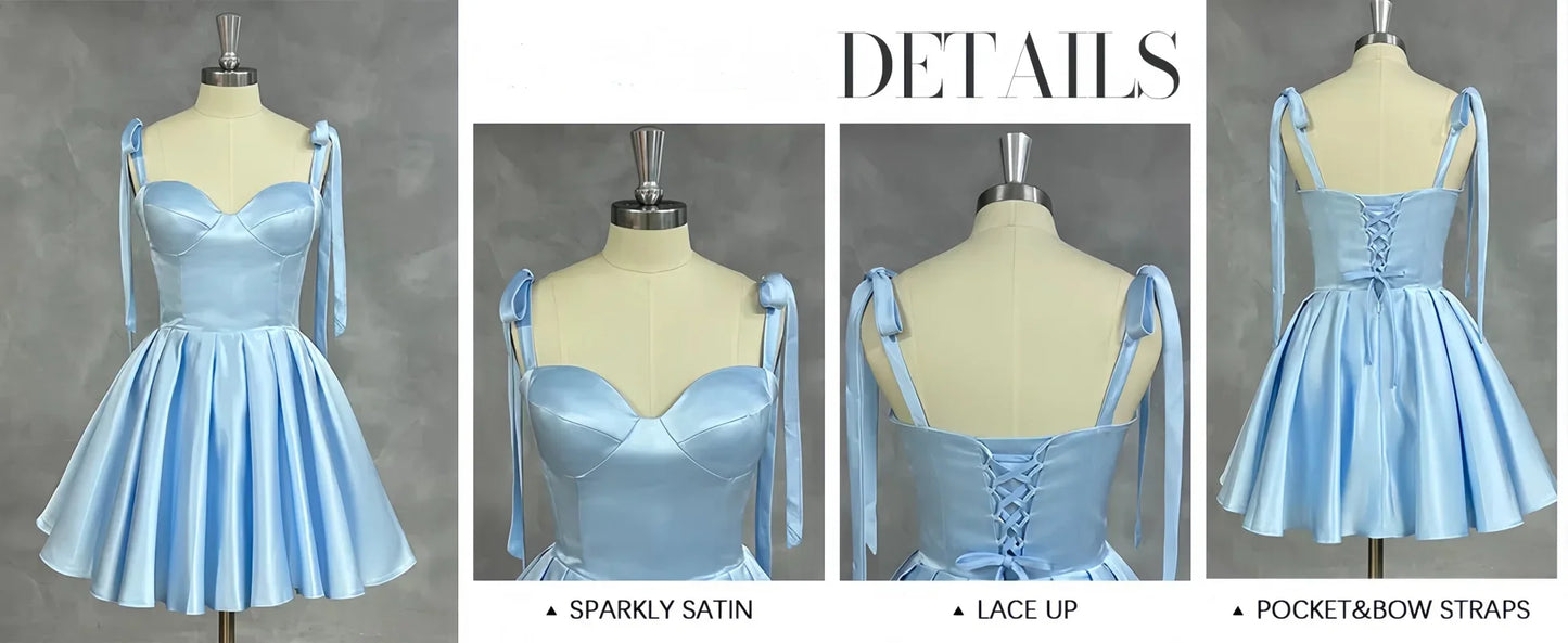 Mini Satin Sweetheart Homecoming Dresses for Teens Bow Spaghetti Straps Short Ball Gown Puffy Cocktail Prom Dress with Pockets