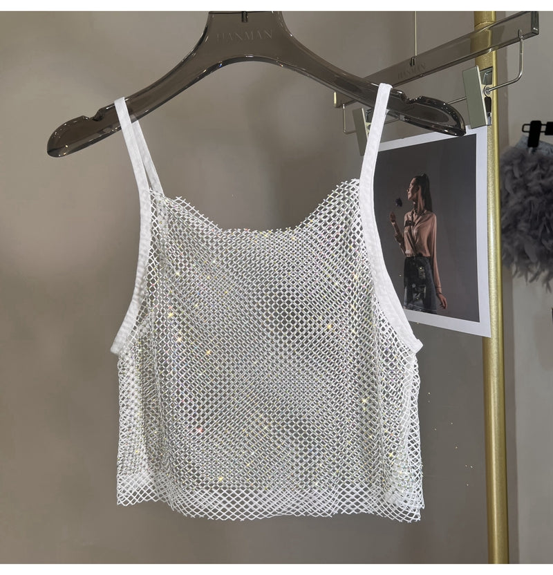 Summer New Mesh Diamond Crystal Short Halter Top AB Color Diamond Sexy Inner Shining Waistless Tops