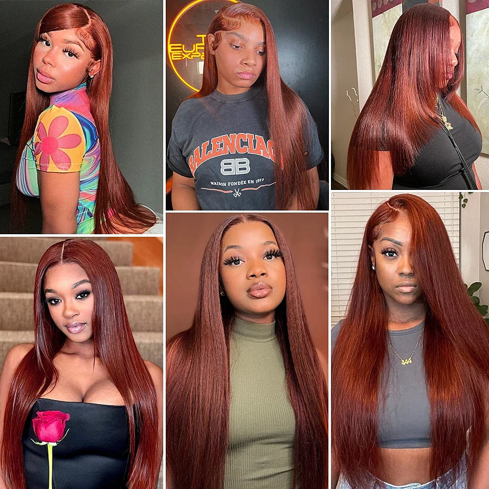 Reddish Brown Straight 13x4 HD Lace Front Human Hair Wigs Brazilian Remy Pre Plucked 30 inch Colored Lace Frontal Wig for Women