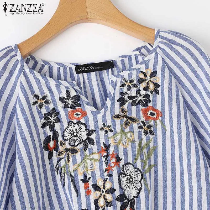 Fashion V Neck 3/4 Sleeve Embroidery Floral Blouse Women Summer Bohemian Striped Tops Casual Holiday Shirt Work Blusas