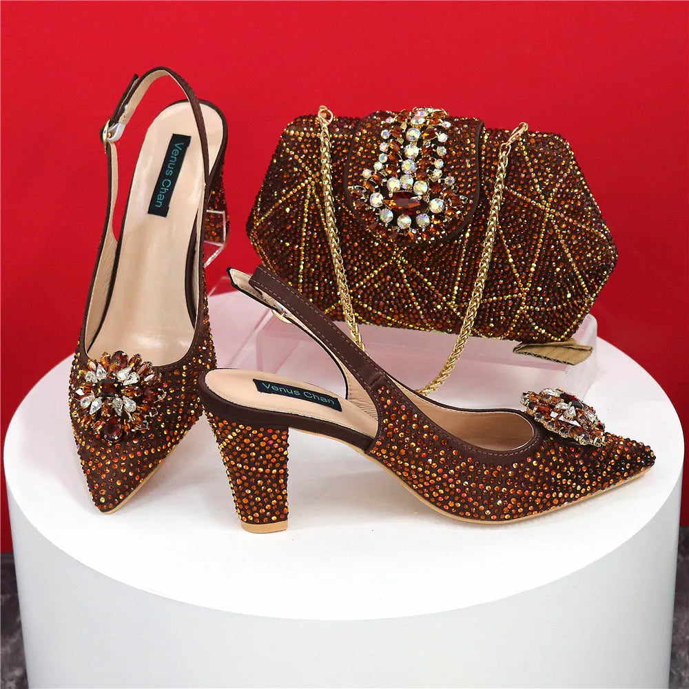 Sandals Fashion Italian Shoe and Bag Set for Party In Women Nigerian Women Wedding Shoes and Bag Set Decorated with Rhinestone