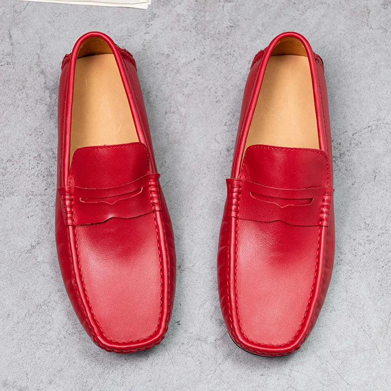 Red Loafers Genuine Leather Slip On Casual Shoes Men Natural Leather Spring Summer Italian Luxury Brand Designer