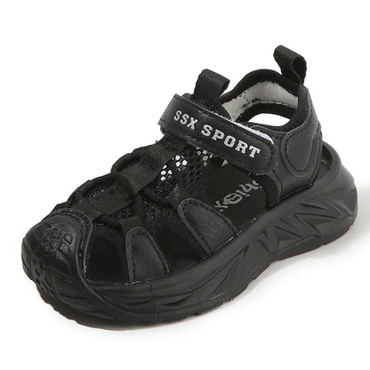 Kids Summer Breathable Mesh Sandals Boys Girls Closed Toe Sport Shoes With Magic Strap In Black And White For Toddlers Outdoor