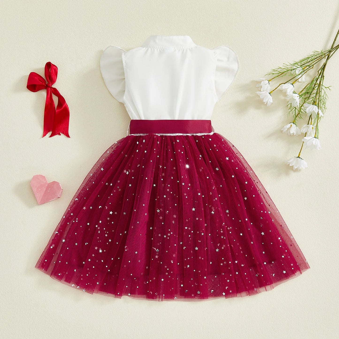 3-10Years Little Girl Summer A Line Dress Kids Flower Embroidered Ruffled Trim Star Print Button Up Sleeveless Mesh Tutu Dress