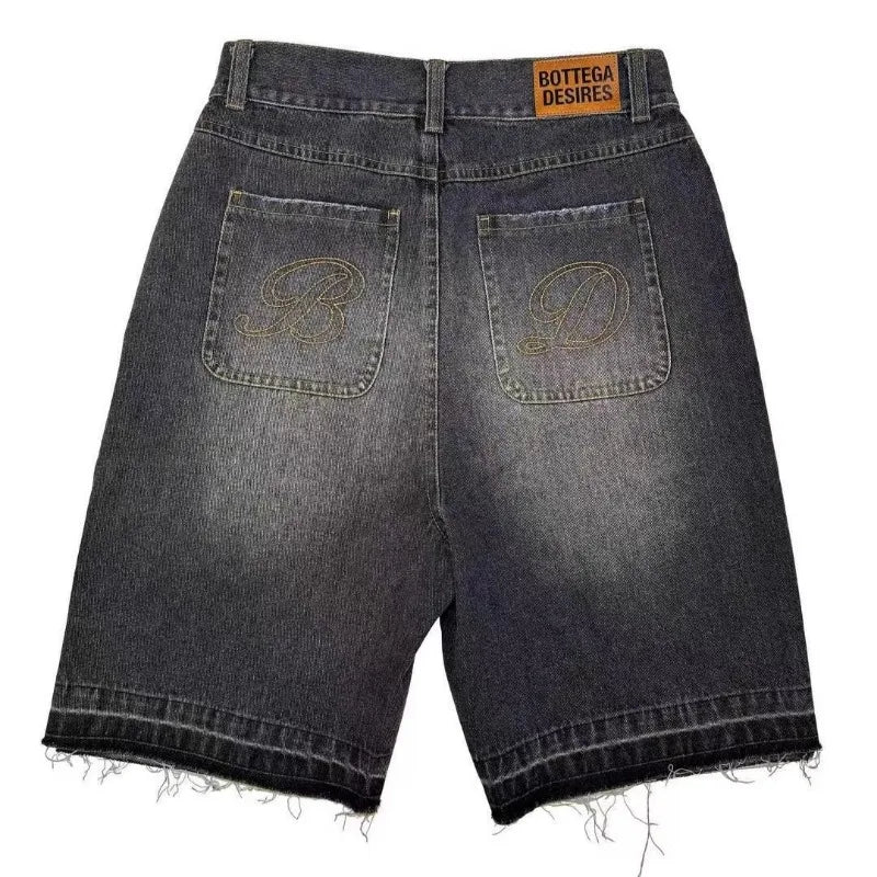 Y2k Vintage Harajuku Denim Shorts Women Washed Letter Embroidery Tassels American Retro Jeans Man Baggy Hip Hop Jorts