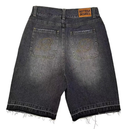 Y2k Vintage Harajuku Denim Shorts Women Washed Letter Embroidery Tassels American Retro Jeans Man Baggy Hip Hop Jorts