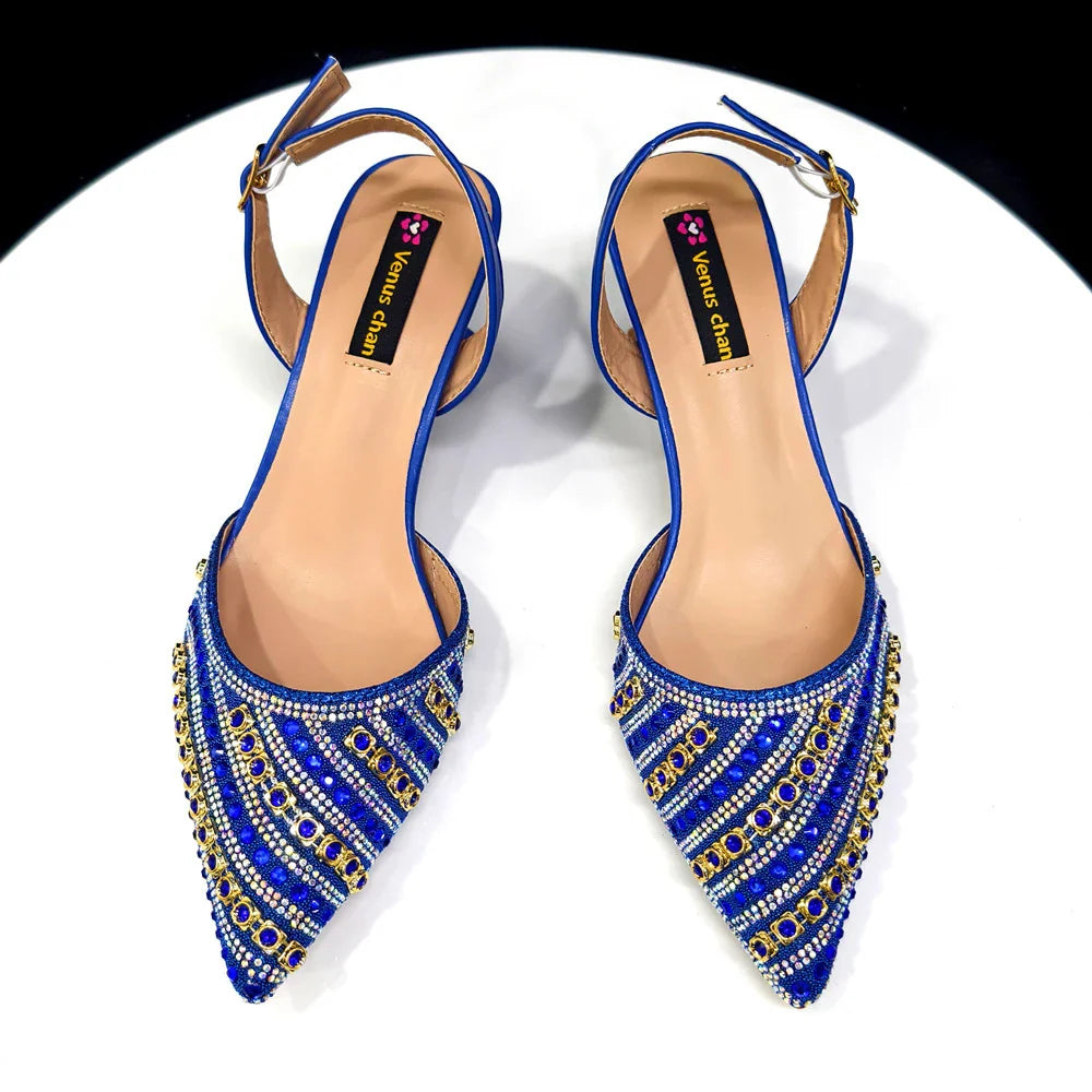 Women's Party Shoes & Bag Set – Elegant Golden Rhinestone Spring/Summer Sandals with Pointed High Heels