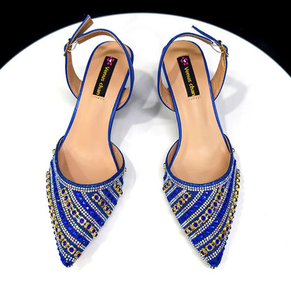 2025 Shiny Italian Fashion Pointed Toe Women Heel Fashion Rhinestone Decoration Fuchsia Color Shoes And Bag Set