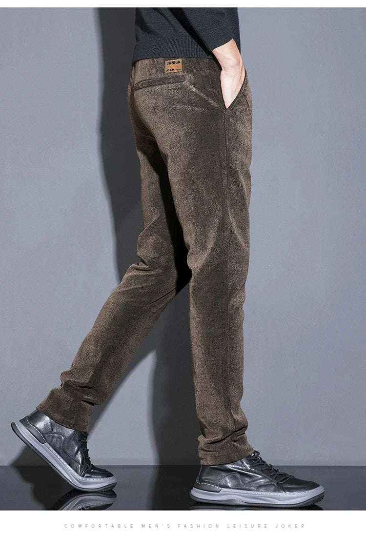 Men's Solid Straight Casual Pants Autumn Woolen Slim Fit Office Pants Vintage Elastic Waist Youth Trousers Everyday Wear