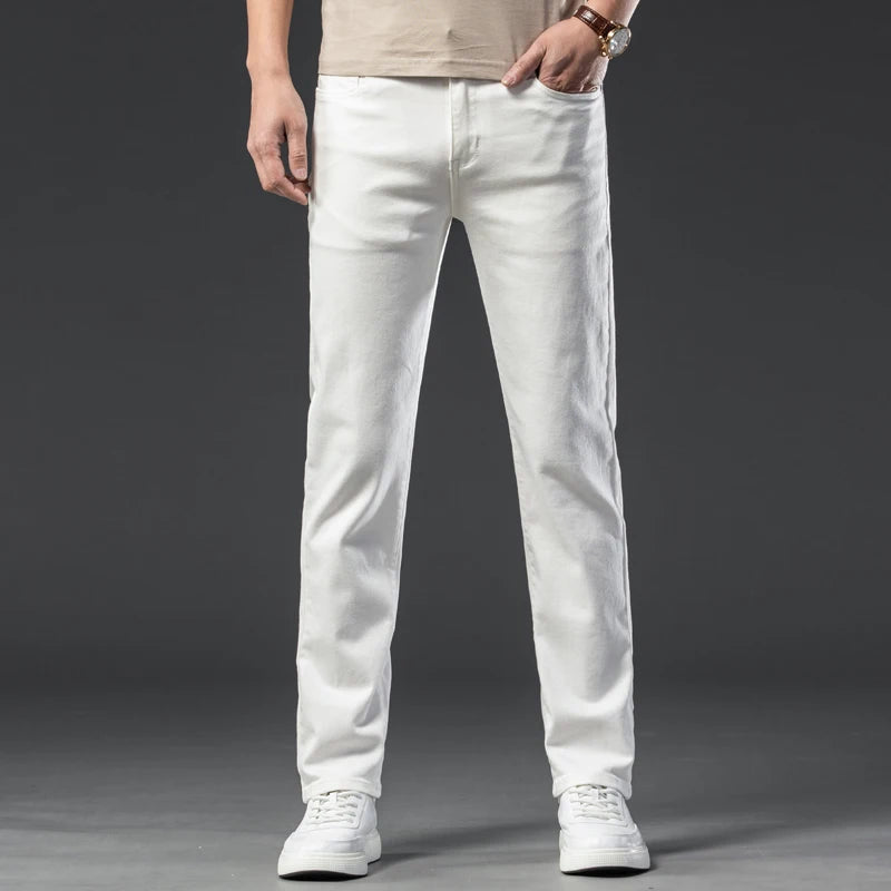 2025 Men White Jeans Fashion Casual Classic Style Regular Straight  Fit Soft Trousers Male  Advanced Stretch Pants