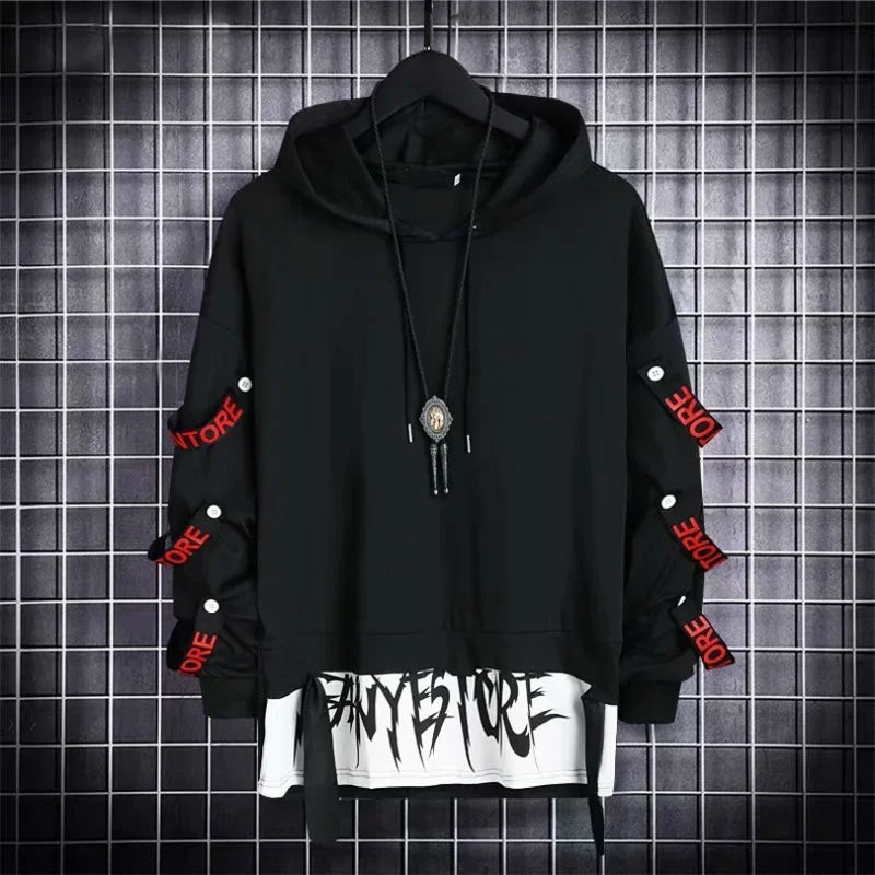 New Men's Hoodies Sweatshirt Autumn Casual Techwear Hip Hop Harajuku Hoodie Men Ribbons Patchwork Japanese Streetwear Darkwear