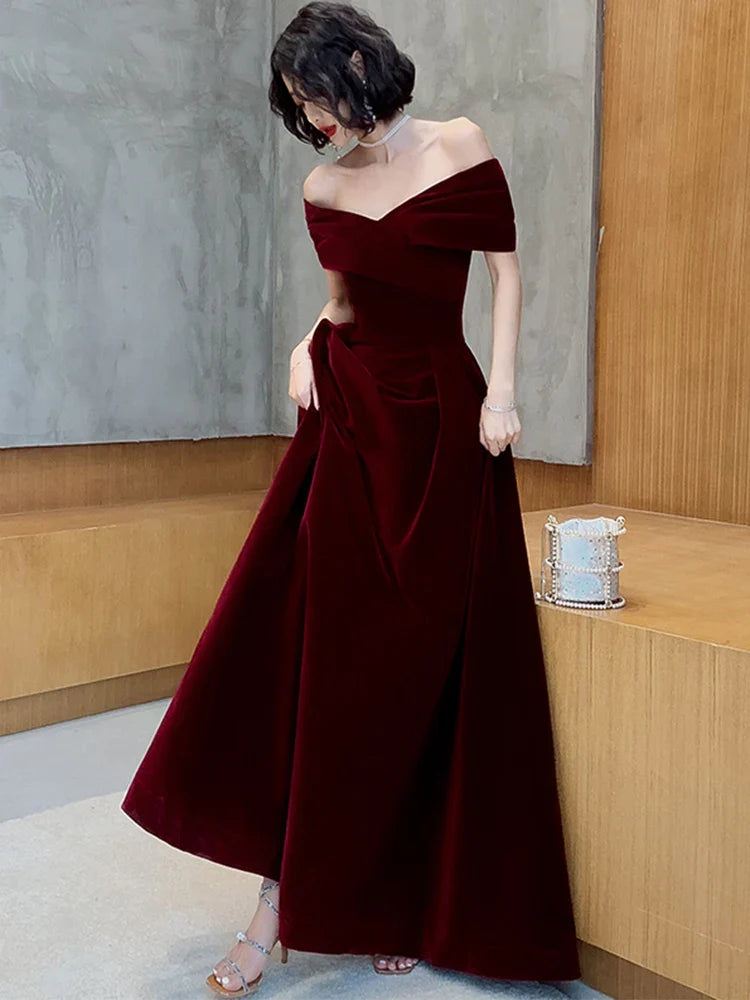 Spring Long Luxury Elegant Wine Red Soft Velvet Evening Party Wedding Dresses for Women 2022 Off Shoulder Maxi Dress