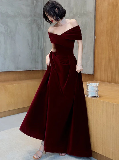Spring Long Luxury Elegant Wine Red Soft Velvet Evening Party Wedding Dresses for Women 2022 Off Shoulder Maxi Dress