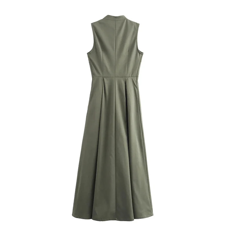 Zipper Long Dress Woman Pleated Sleeveless Bodycon Dress Summer Elegant Party Dresses For Women 2025 New Midi Dresses