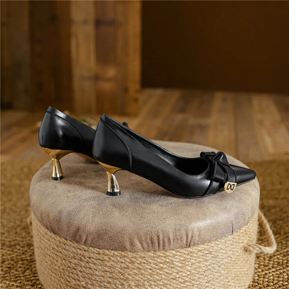 2025 French Style Genuine Leather Sandals Women Covered Toe Butterfly Knot Party Dating Sandals Office Ladies Pumps