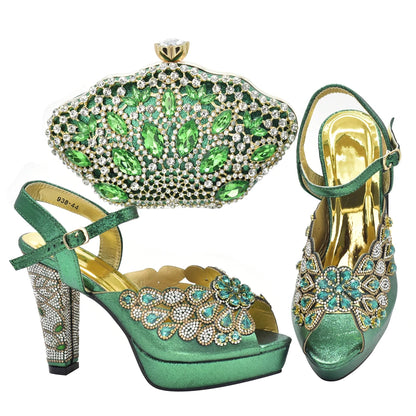 New Arrival Italian Party Shoes and Bag Set Decorated with Rhinestone African Women Wedding Shoes Bride Plus Size Women Shoes 43