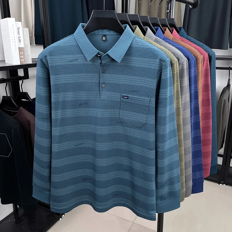 2025 long sleeved men's spring and autumn collar striped pullover top with loose pockets polo shirt