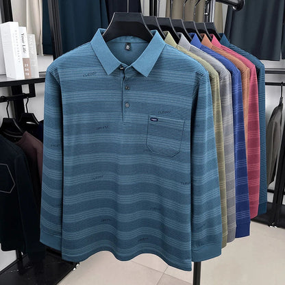 2025 long sleeved men's spring and autumn collar striped pullover top with loose pockets polo shirt