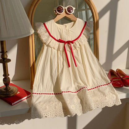 Kid Girl Exquisite Dress Ruffled Lace Collar Trimmed in Red Ribbon Red Dotted Lace Cut Out Embroidery on The Skirt for Children